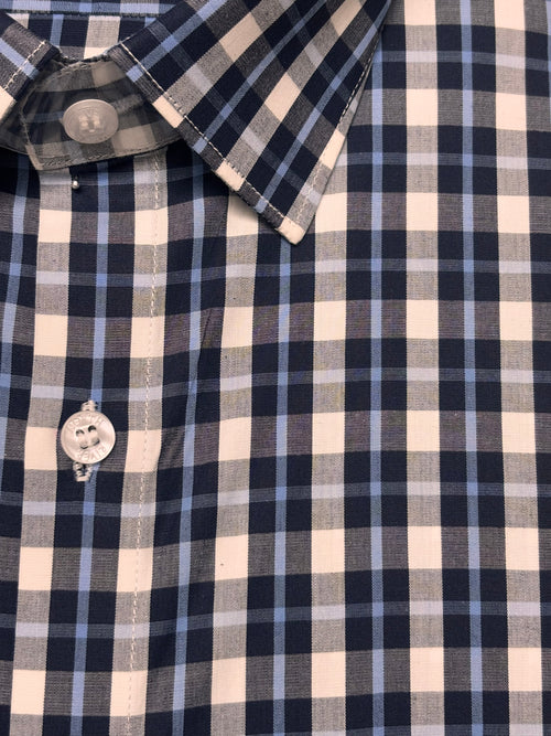 Close-up of a checkered shirt fabric with Blue & Black Tattersall Check pattern